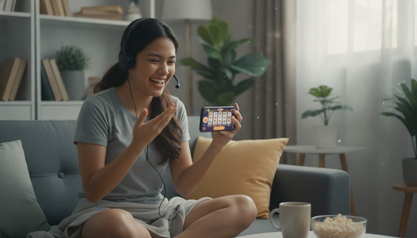 Discover the Excitement of Slots A woman enjoying online slots in a cozy setting